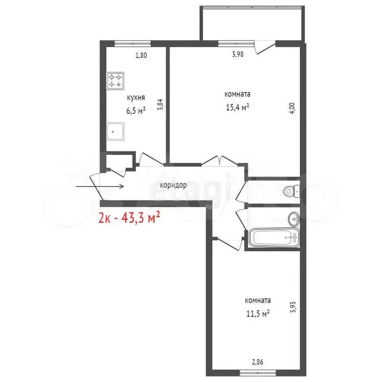 2-к. квартира, 43,3 м, 3/5 эт. - Фото 1