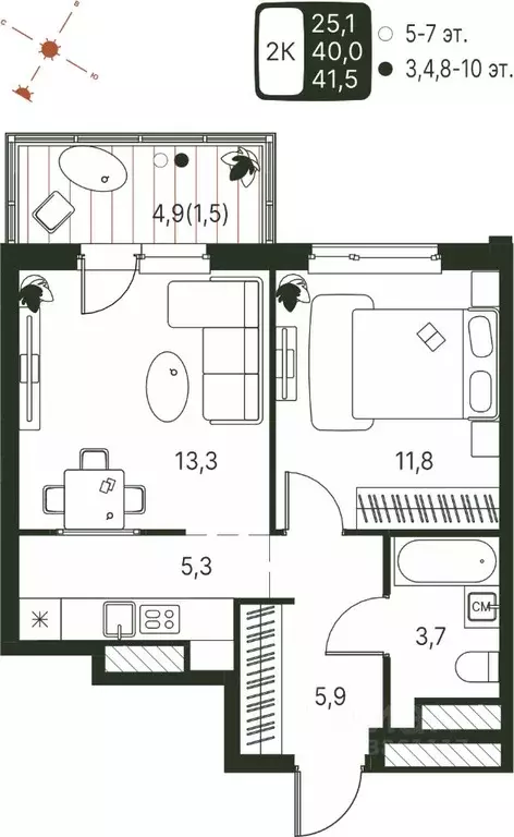 Студия Пермский край, Пермь ул. Серебристая, 1 (41.5 м) - Фото 1