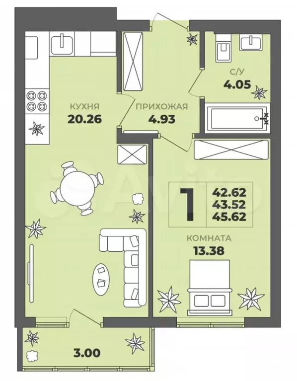 1-к. квартира, 43,5 м, 4/8 эт. - Фото 1
