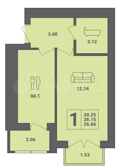 1-к. квартира, 30,2 м, 5/6 эт. - Фото 1