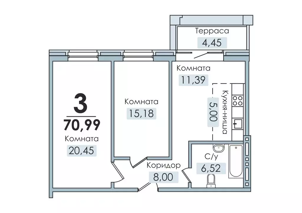 Квартира-студия: посёлок Рощино, Лесопарковая улица, 3 (70.9 м) - Фото 1