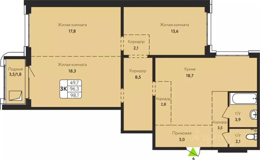 3-к кв. Алтайский край, Барнаул ул. Солнечная Поляна, 69 (98.1 м) - Фото 1