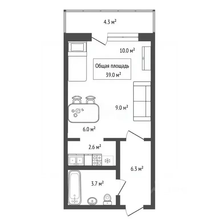 Студия Новосибирская область, Новосибирск ул. Плющихинская, 1 (39.0 м) - Фото 2