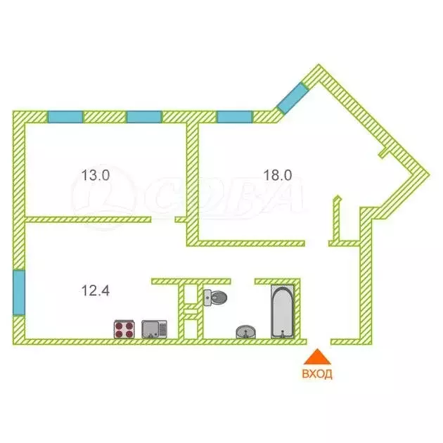 2-комнатная квартира: Тюмень, Новгородская улица, 3 (61 м) - Фото 0