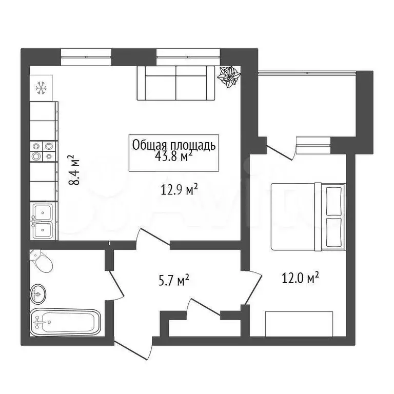 2-к. квартира, 43 м, 6/10 эт. - Фото 0