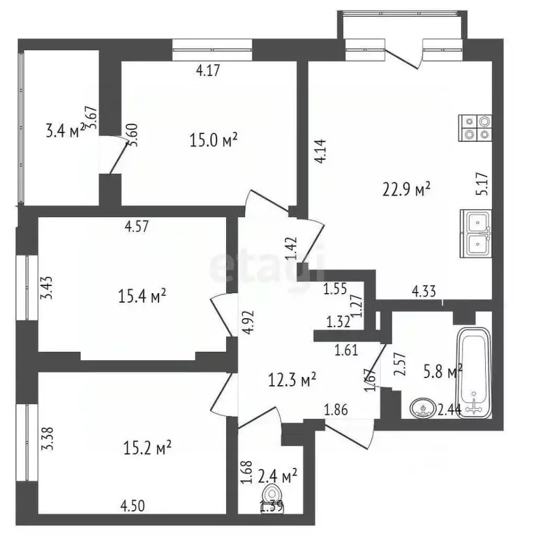 3-к кв. Калининградская область, Калининград ул. Миргородская, 2 (89.0 ... - Фото 1