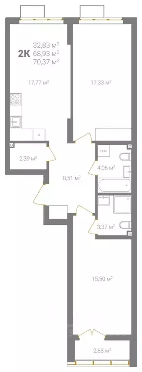 2-к кв. Нижегородская область, Нижний Новгород Ветеринарная ул. (70.37 ... - Фото 2