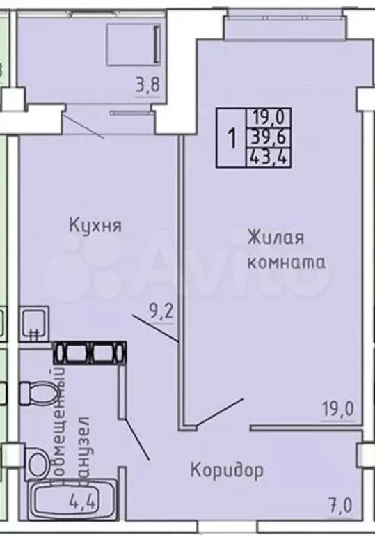 1-к. квартира, 43,4 м, 7/9 эт. - Фото 0