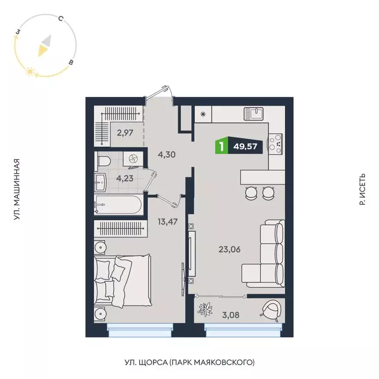 1-комнатная квартира: Екатеринбург, Машинная улица, 1В/4 (49.57 м) - Фото 1