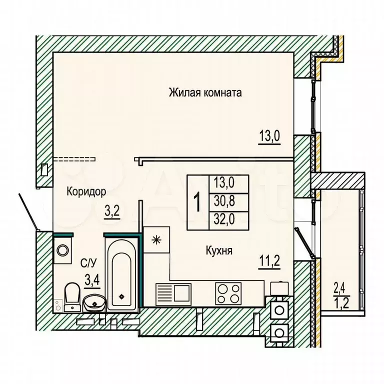 1-к. квартира, 32 м, 10/10 эт. - Фото 0