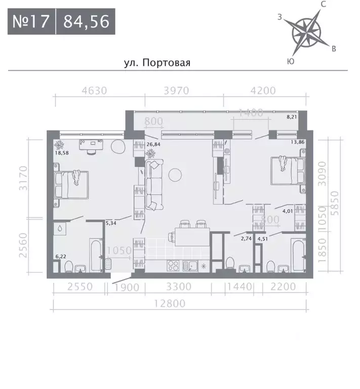 2-к кв. Татарстан, Казань Живи на Портовой жилой комплекс (84.56 м) - Фото 1