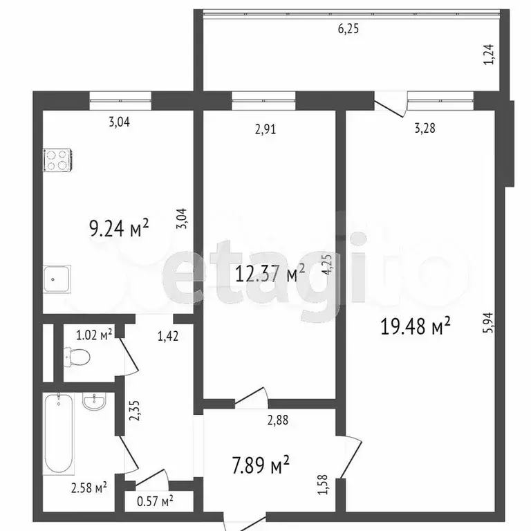 2-к. квартира, 52,8 м, 8/10 эт. - Фото 0