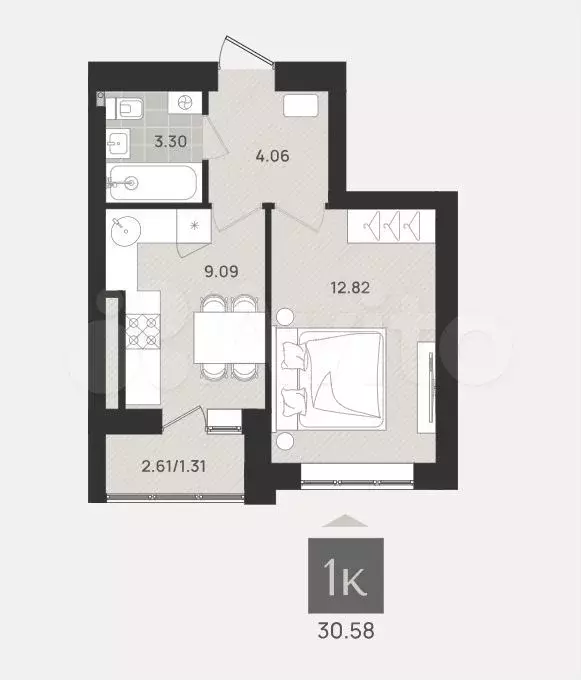 1-к. квартира, 30,6 м, 7/9 эт. - Фото 1
