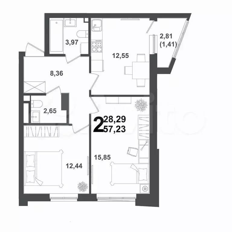 2-к. квартира, 57,1 м, 5/12 эт. - Фото 1