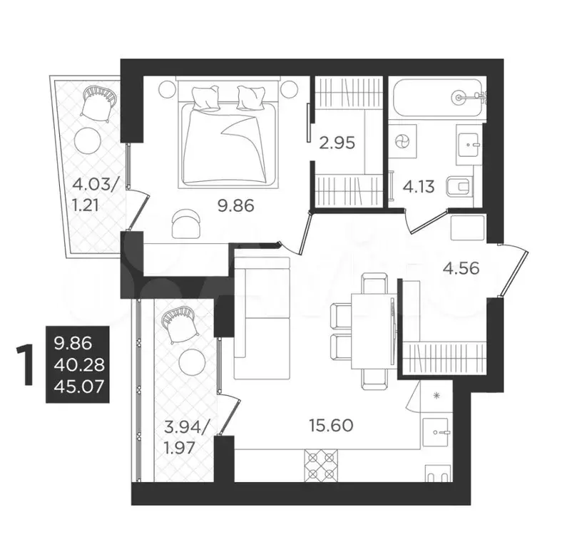 1-к. квартира, 40,3м, 4/4эт. - Фото 1