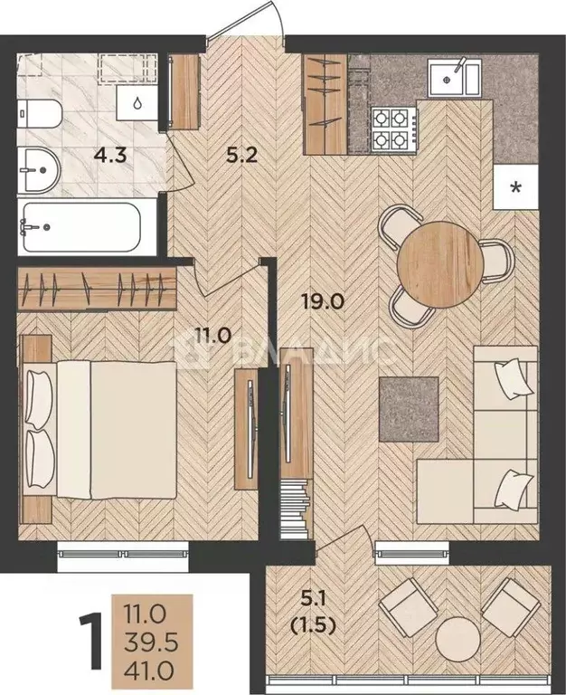 Квартира, 1 комната, 39.5 м - Фото 0