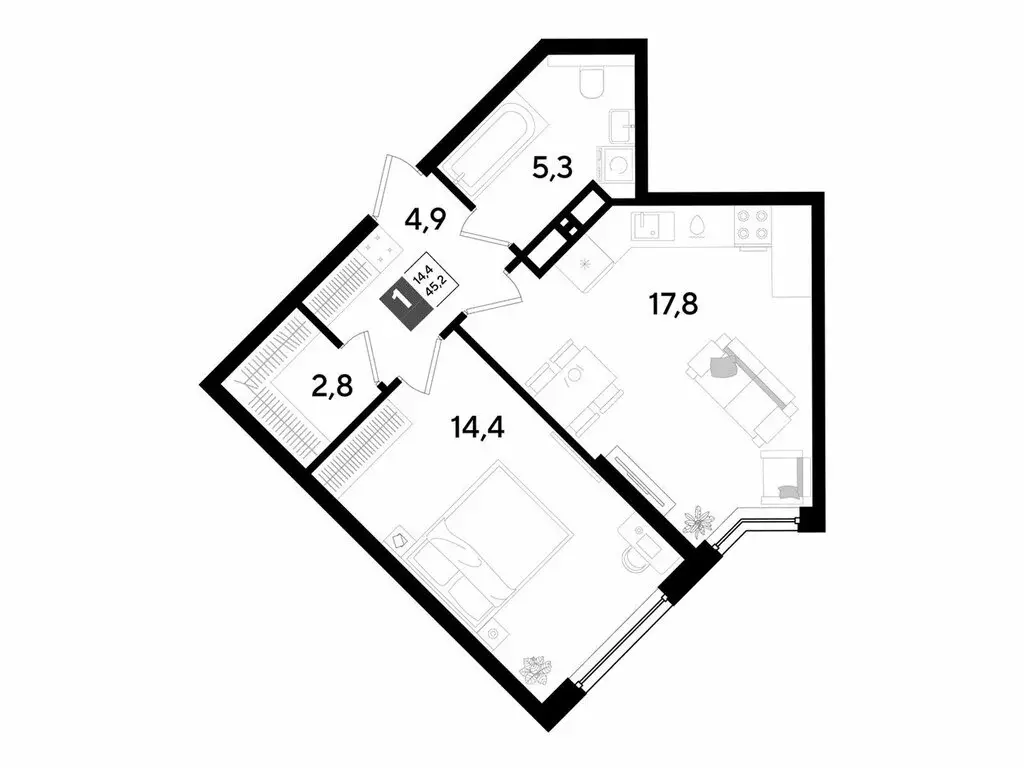 1-комнатная квартира: Краснодар, микрорайон Догма Парк (45.2 м) - Фото 1