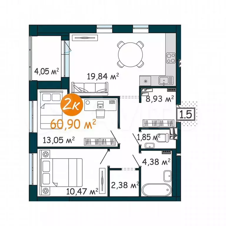 2-к. квартира, 61 м, 22/24 эт. - Фото 0