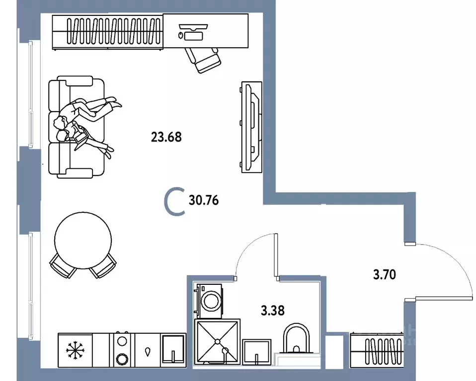 Студия Тюменская область, Тюмень ул. 50 лет Октября, 61к1 (30.76 м) - Фото 1