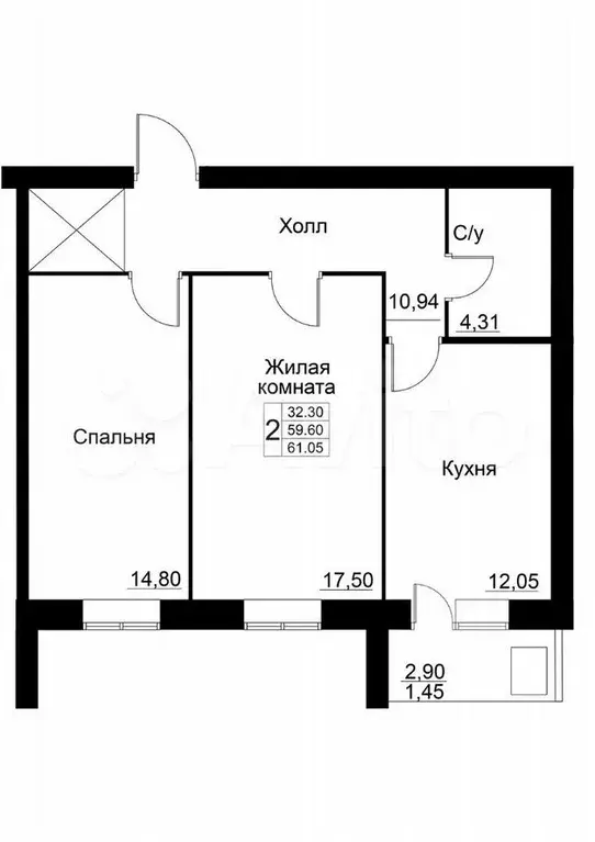 2-к. квартира, 61,1 м, 2/9 эт. - Фото 1