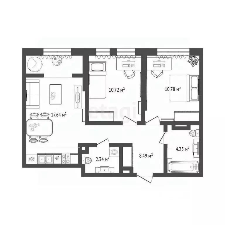 2-к кв. Тюменская область, Тюмень Харьковская ул., 74 (54.2 м) - Фото 2
