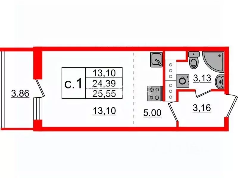 Студия Санкт-Петербург ул. Верхне-Каменская, 7к1 (24.2 м) - Фото 2