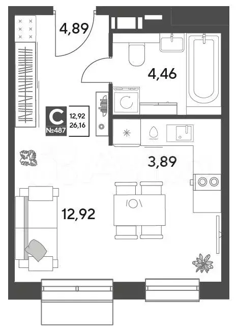 Квартира-студия, 26,2 м, 4/15 эт. - Фото 0