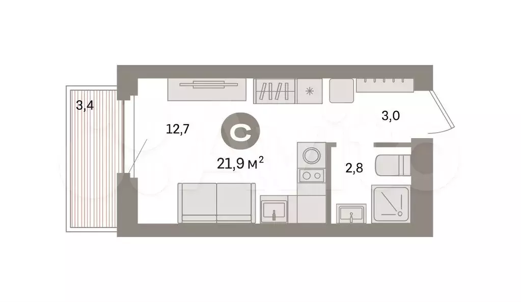 Квартира-студия, 21,9 м, 2/9 эт. - Фото 0