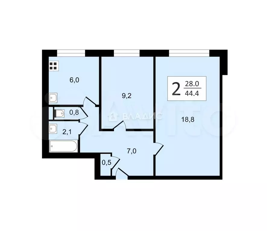 2-к. квартира, 44,4 м, 4/9 эт. - Фото 0