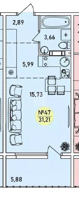 Студия Ярославская область, Ярославль 2-й мкр,  (31.21 м) - Фото 1