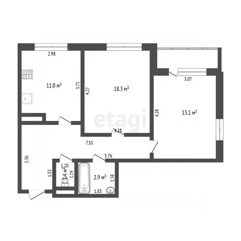 2-к кв. Тюменская область, Тюмень Велижанская ул., 68 (59.1 м) - Фото 2