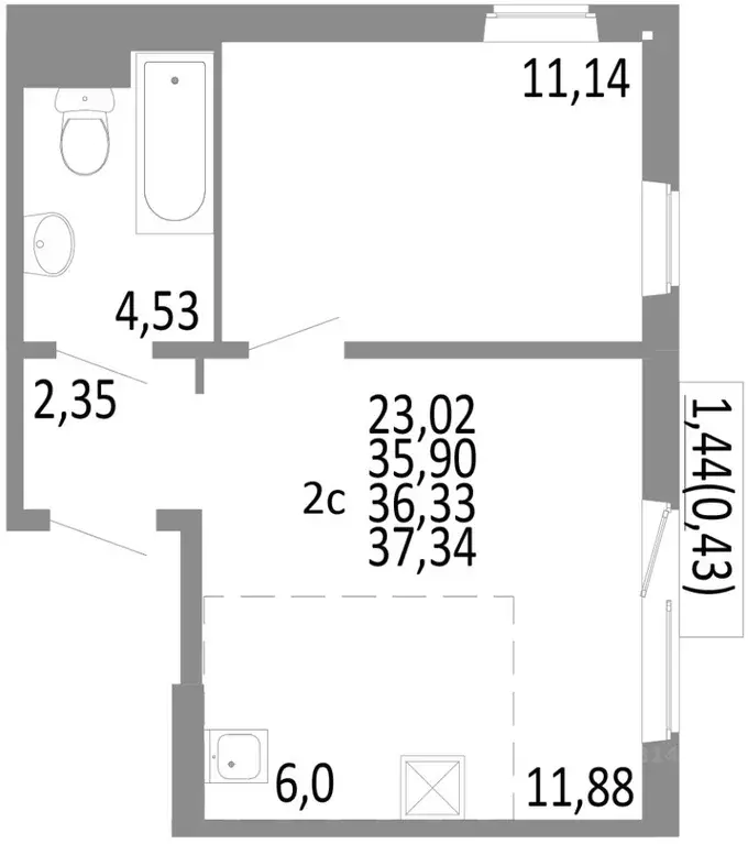 2-к кв. Челябинская область, Челябинск ул. Блюхера, 125Б (36.33 м) - Фото 0