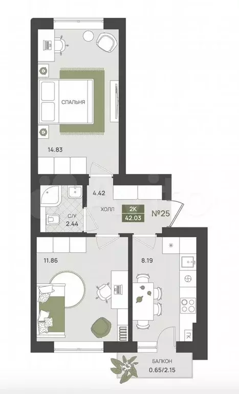 2-к. квартира, 42 м, 2/5 эт. - Фото 1