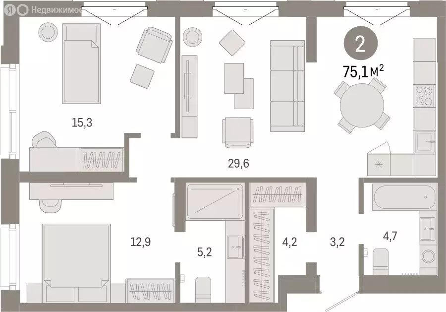 2-комнатная квартира: Тюмень, жилой комплекс На Минской (75.11 м) - Фото 1