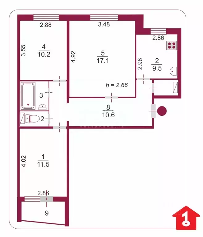 3-к кв. Омская область, Омск ул. Крупской, 1 (63.1 м) - Фото 2