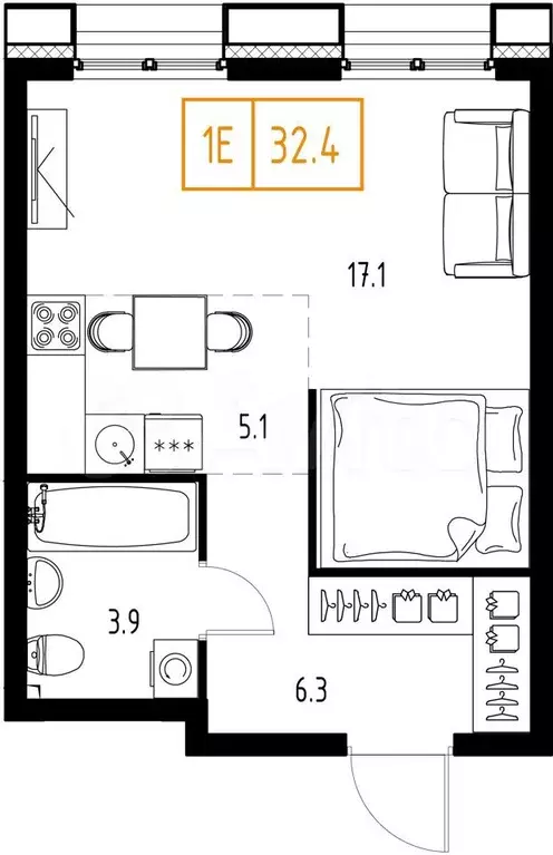 1-к. квартира, 32,4 м, 6/9 эт. - Фото 0