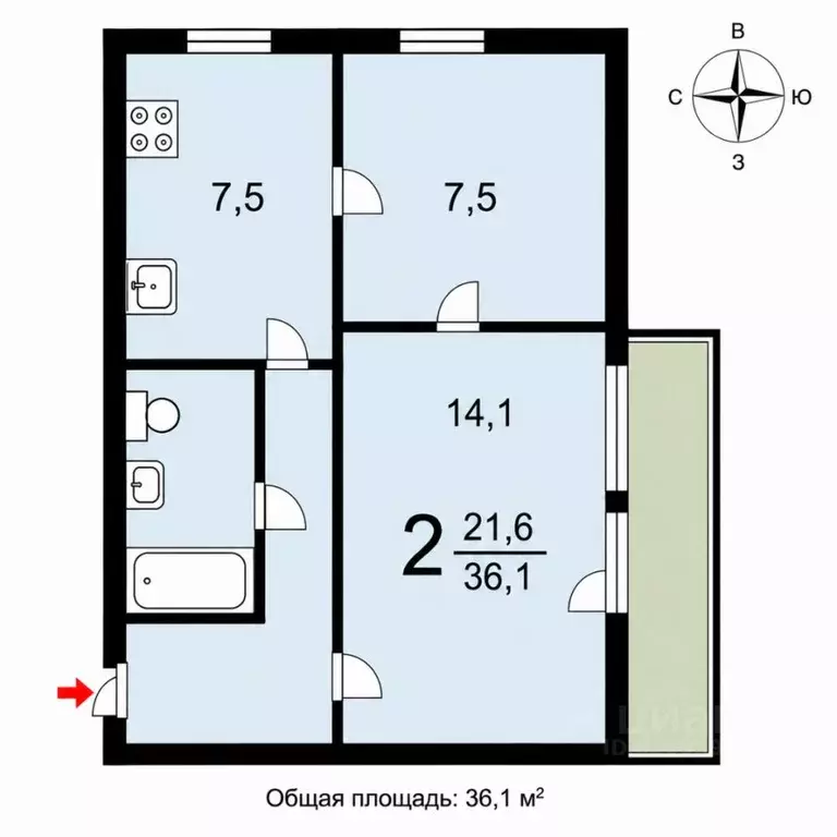 2-к кв. Москва Коломенский проезд, 23к2 (36.1 м) - Фото 2