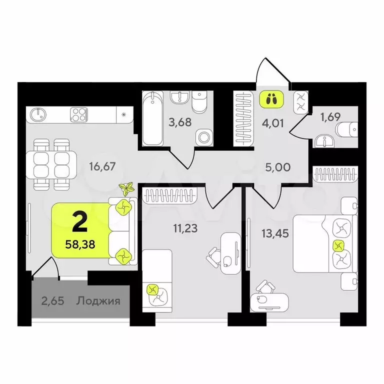 2-к. квартира, 58,4 м, 5/13 эт. - Фото 0