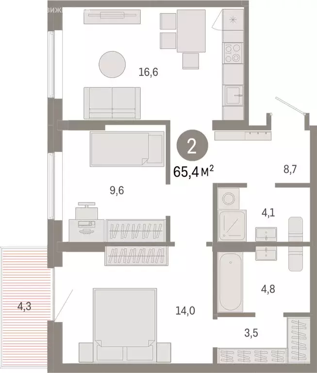 2-комнатная квартира: Омск, Кировский округ (65.36 м) - Фото 1