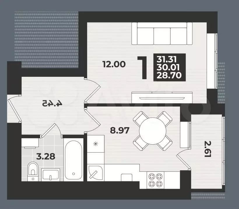 1-к. квартира, 31 м, 3/9 эт. - Фото 1
