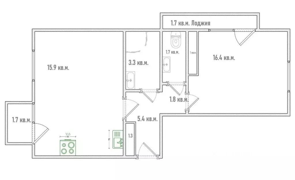 Студия Омская область, Омск ул. Перелета, 27 (59.0 м) - Фото 2