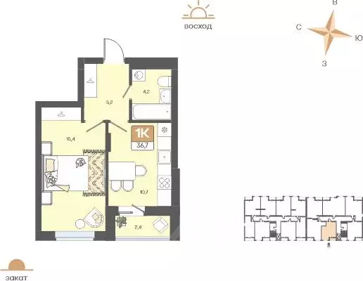 1-к кв. Белгородская область, Белгород Жемчужина жилой комплекс (36.7 ... - Фото 2