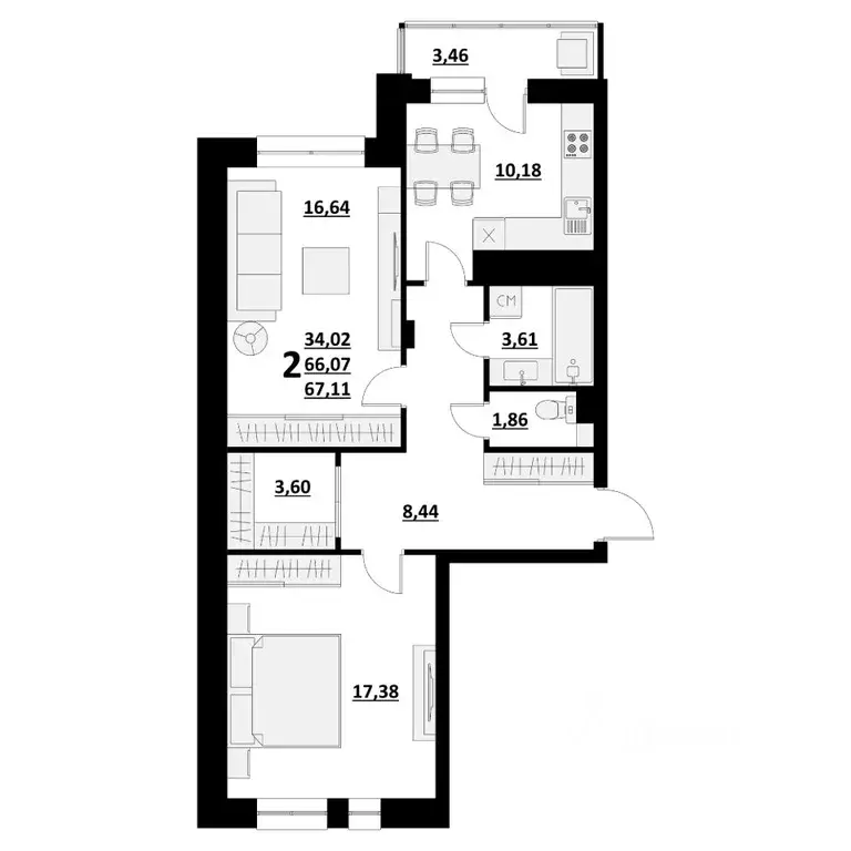 2-к кв. Белгородская область, Белгород ул. Квасова (67.11 м) - Фото 1