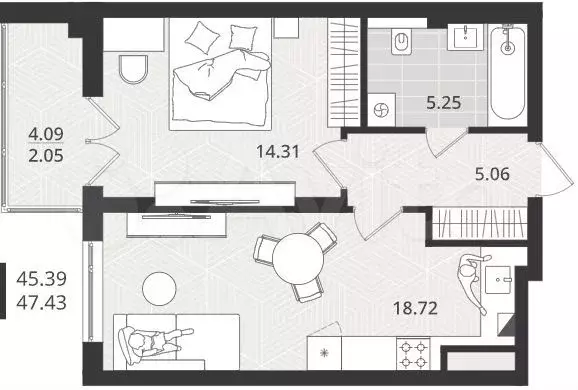 1-к. квартира, 45,4 м, 1/4 эт. - Фото 1