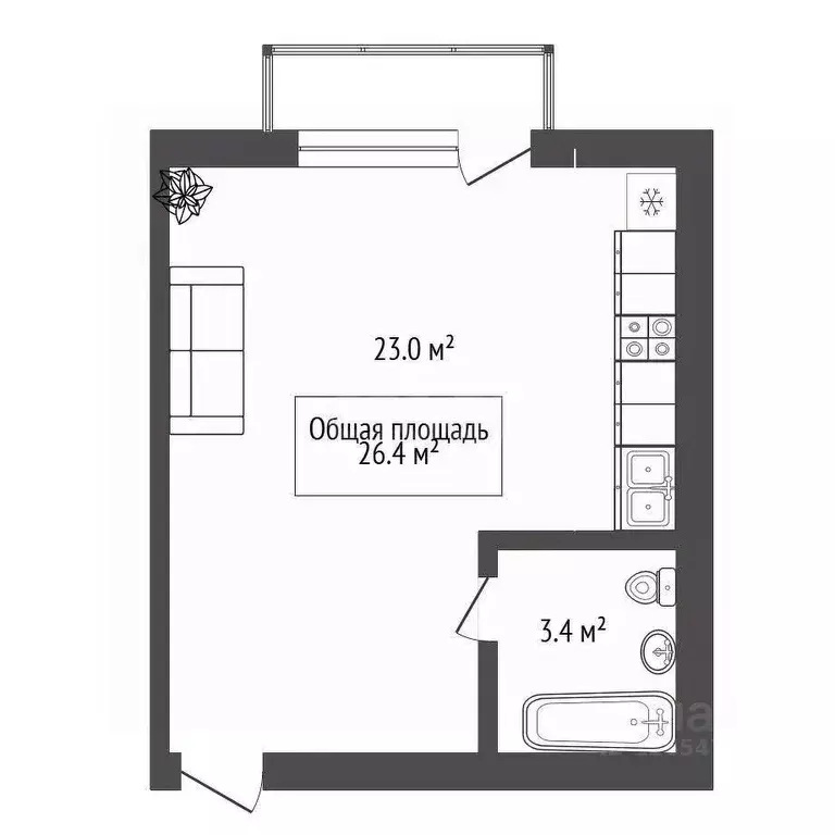 Студия Новосибирская область, Новосибирск ул. Николая Грицюка, 1 (26.4 ... - Фото 2