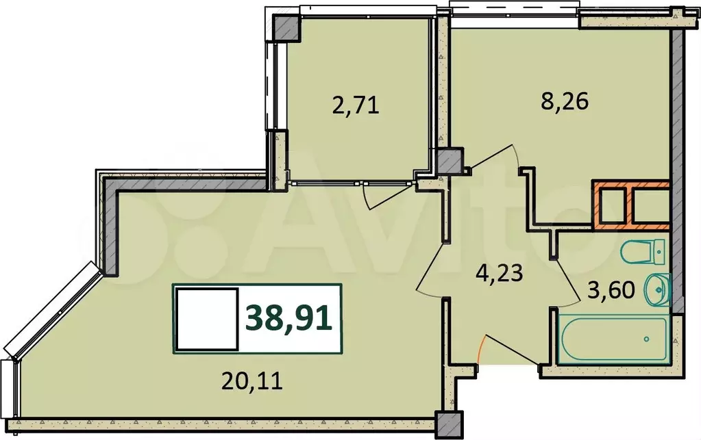 1-к. квартира, 38,9 м, 2/9 эт. - Фото 1
