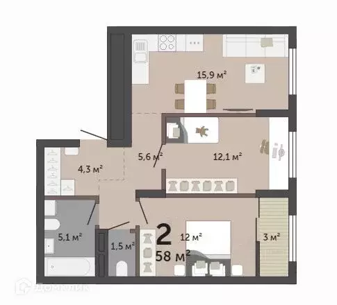 Продаётся 2-к квартира, 58 м - Фото 1