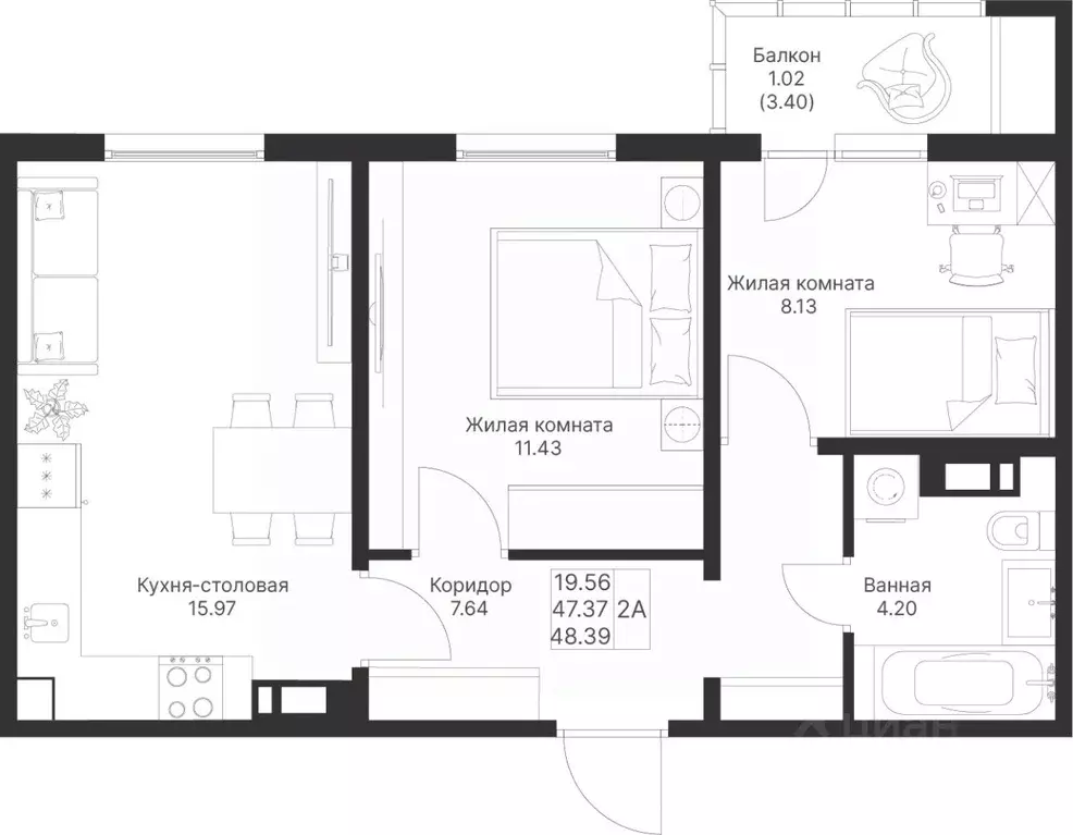 2-к кв. Татарстан, Лаишевский район, Столбищенское с/пос, с. Усады  ... - Фото 1