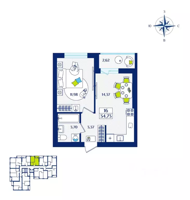 1-к кв. Калининградская область, Зеленоградск  (34.73 м) - Фото 1