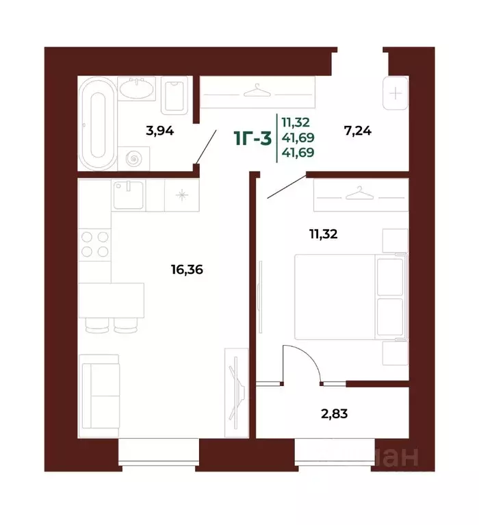 1-к кв. Пензенская область, Пенза Арбери жилой комплекс (42.01 м) - Фото 1